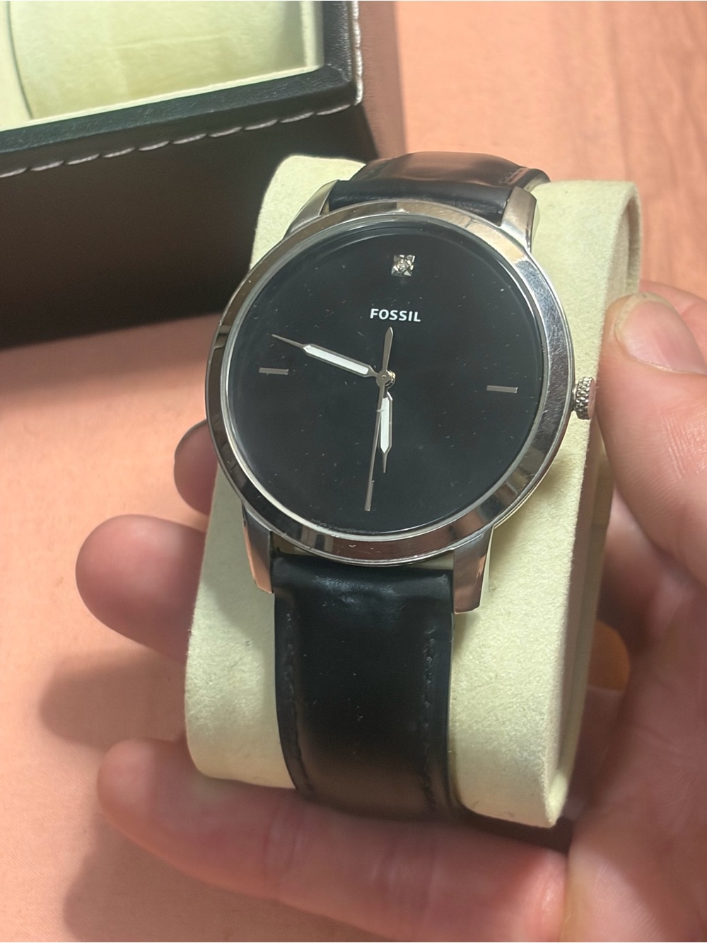 Fossil Black Dial Silver-Tone Case Men's Leather Watch